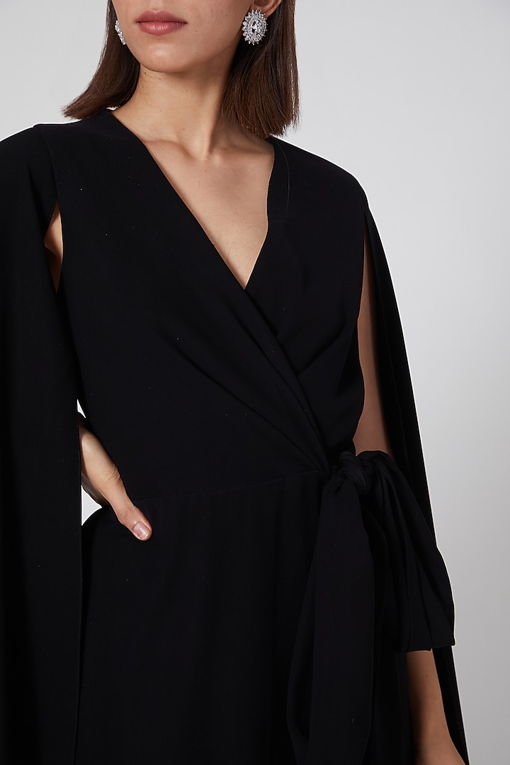Black Micro Crepe Midi Wrap Party Wear Dress by Gauri and Nainika at Pernia's Pop Up Shop