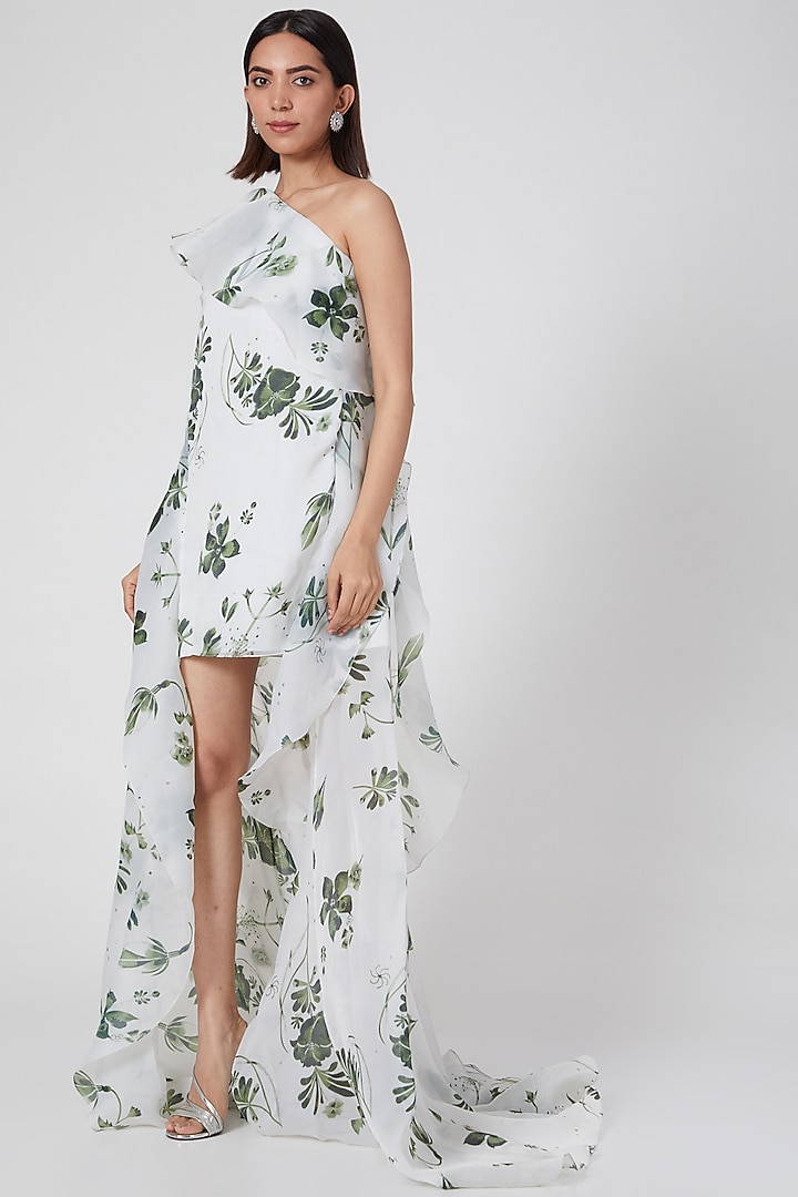 White Organza One-Shoulder Ruffled Mini Party Wear Dress by Gauri and Nainika at Pernia's Pop Up Shop