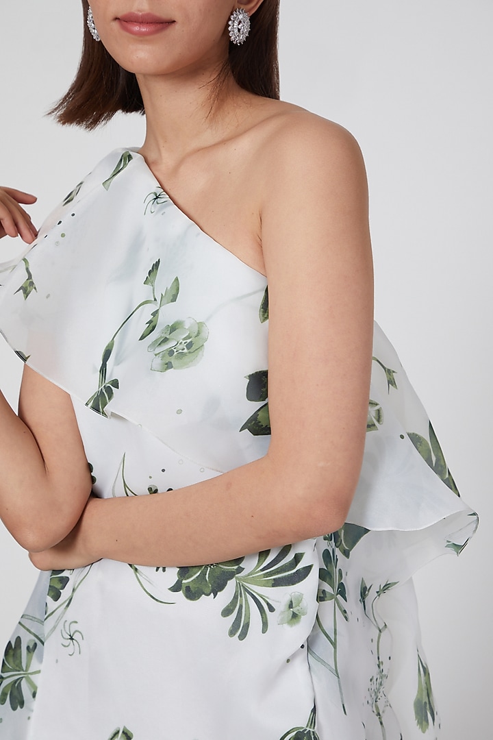 White Organza One-Shoulder Ruffled Mini Party Wear Dress by Gauri and Nainika at Pernia's Pop Up Shop