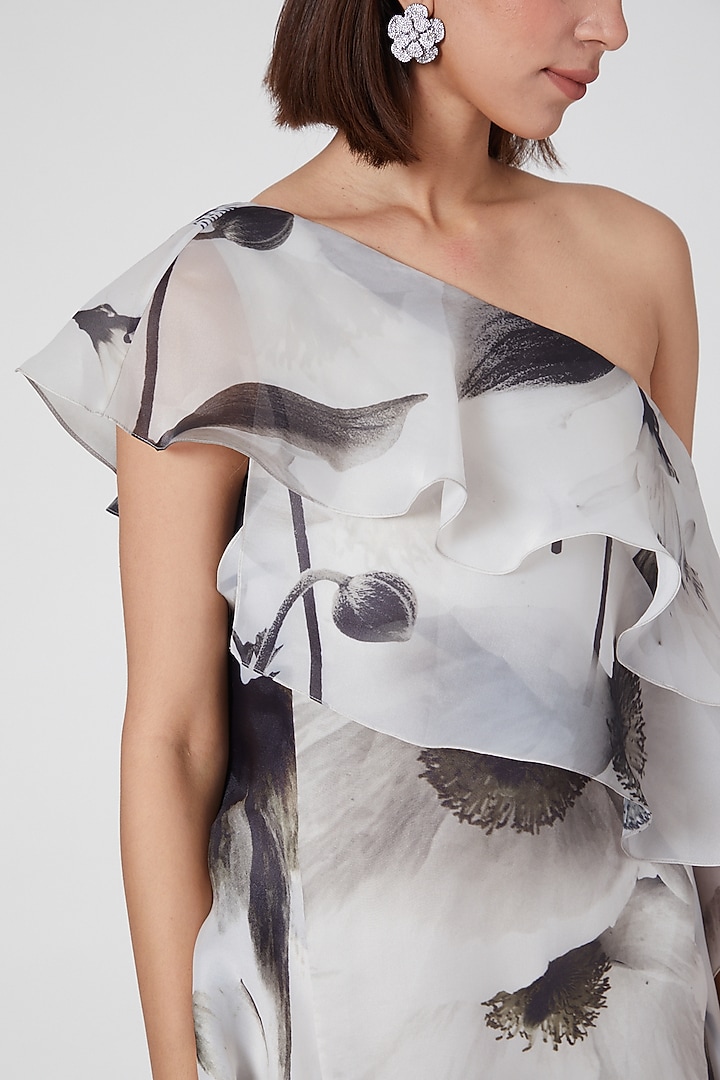 White Organza One-Shoulder Ruffled Mini Party Wear Dress by Gauri and Nainika at Pernia's Pop Up Shop
