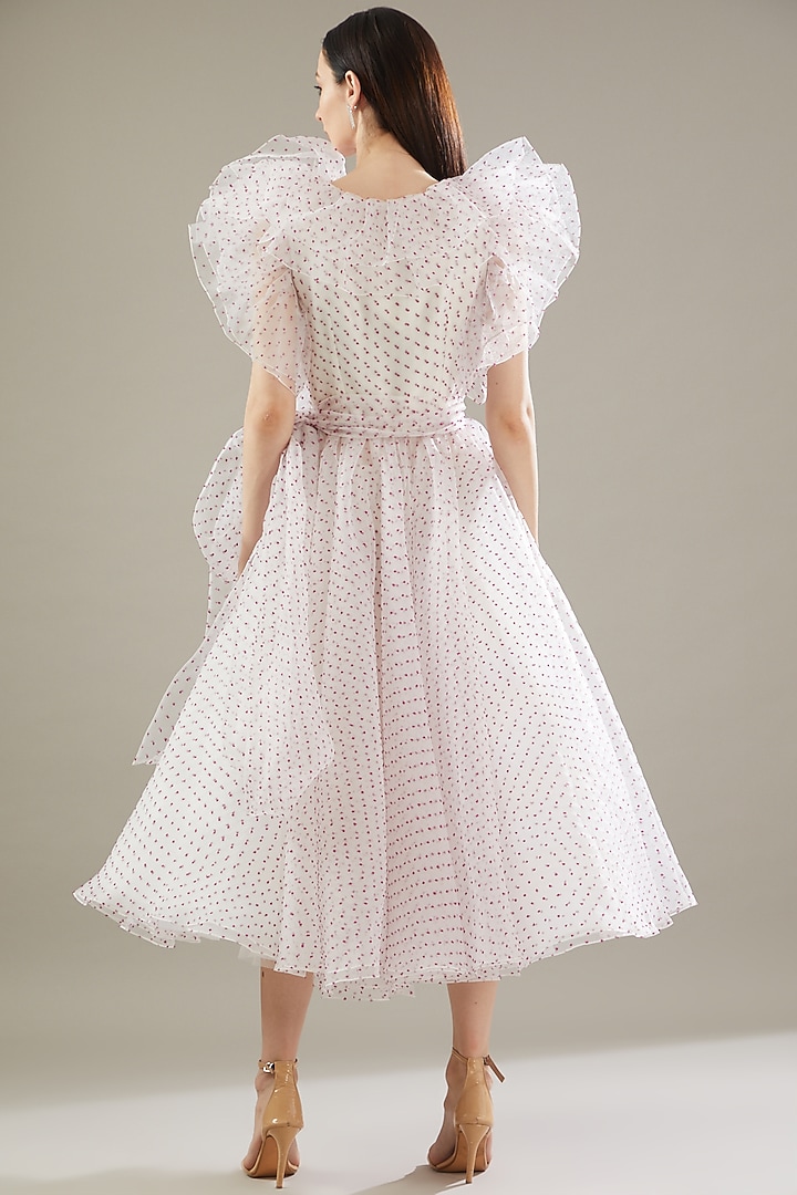 Ivory Dotted Organza Wrapped Midi Party Wear Dress by Gauri And Nainika at Pernia's Pop Up Shop
