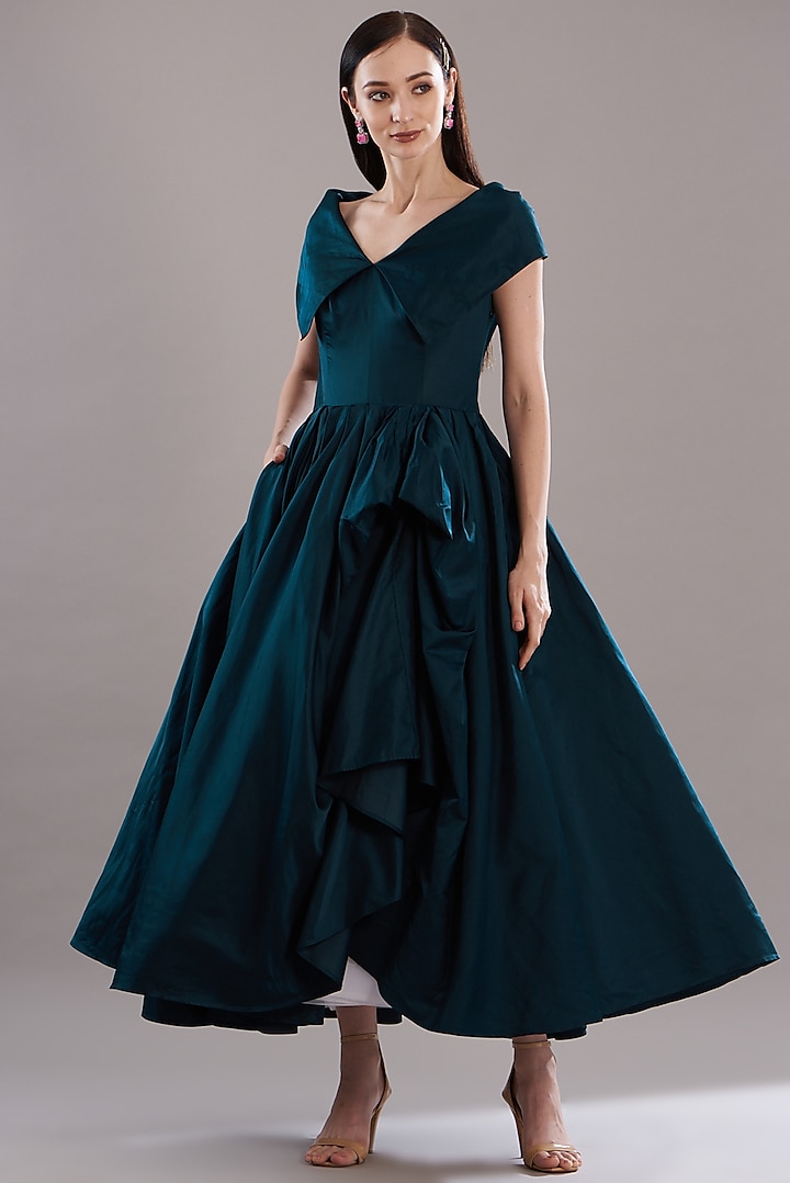 Blue Duchess Satin Midi Dress by Gauri and Nainika at Pernia's Pop Up Shop