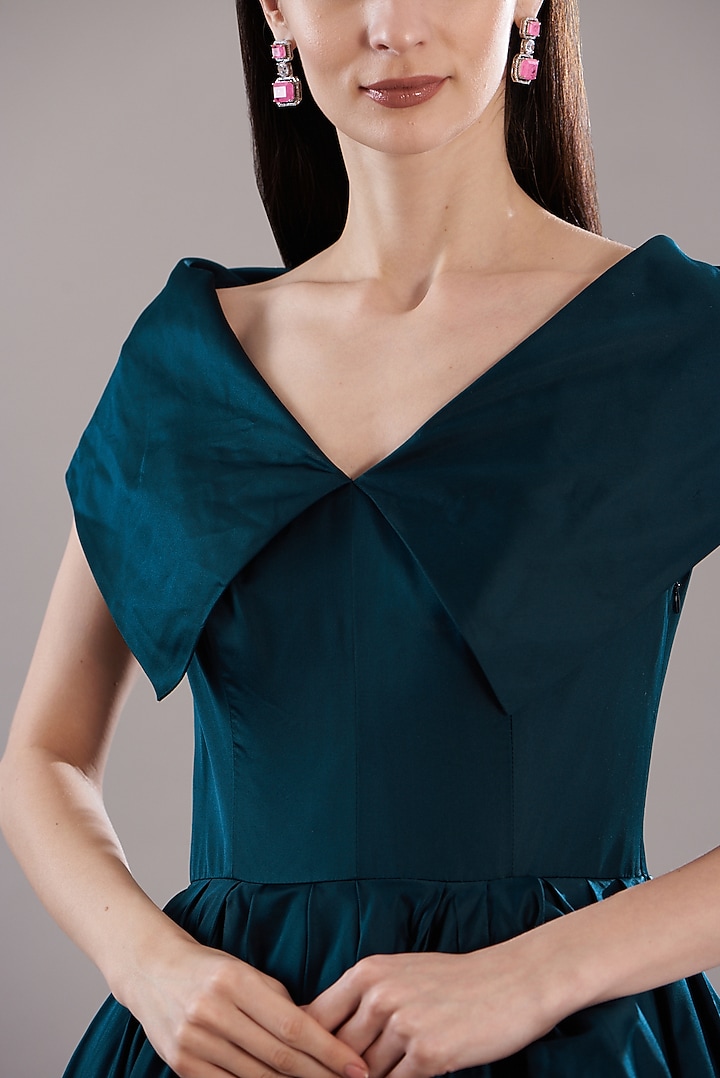 Blue Duchess Satin Midi Party Wear Dress by Gauri and Nainika at Pernia's Pop Up Shop