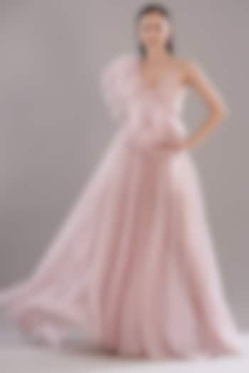 Blush Pink Dotted Organza Gown by Gauri and Nainika at Pernia's Pop Up Shop