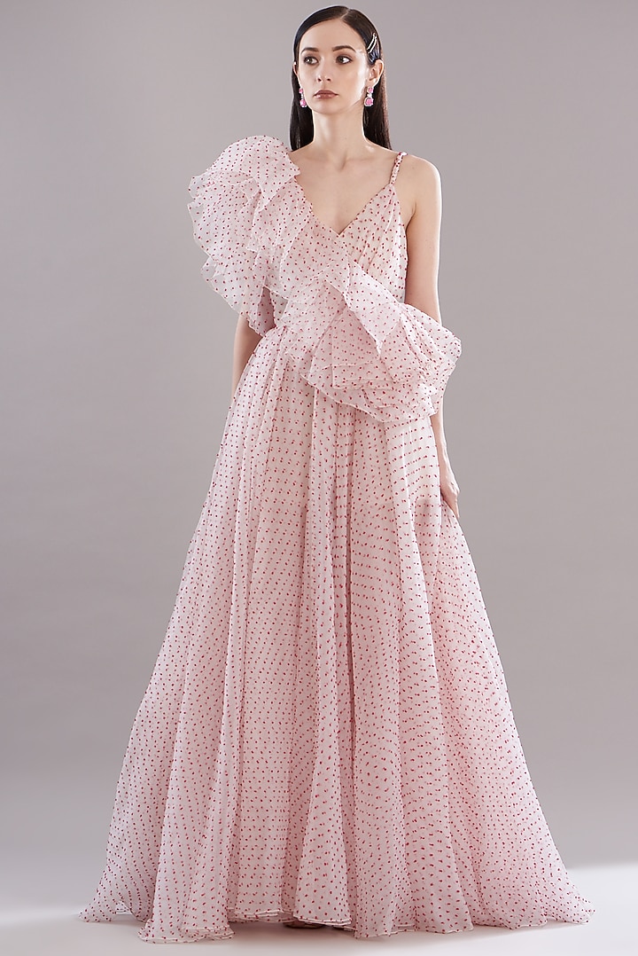 Blush Pink Dotted Organza Bridal Gown by Gauri and Nainika at Pernia's Pop Up Shop