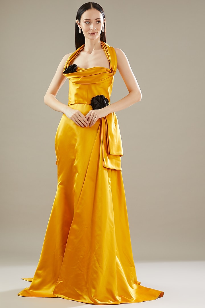 Mustard Duchess Satin Draped Gown by Gauri And Nainika