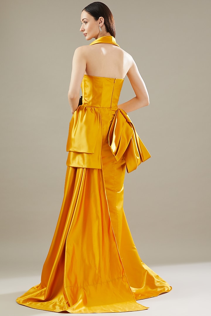 Mustard Duchess Satin Draped Bridal Gown by Gauri And Nainika at Pernia's Pop Up Shop