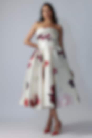 White Mikado Digital Printed Strapless Midi Dress by Gauri and Nainika