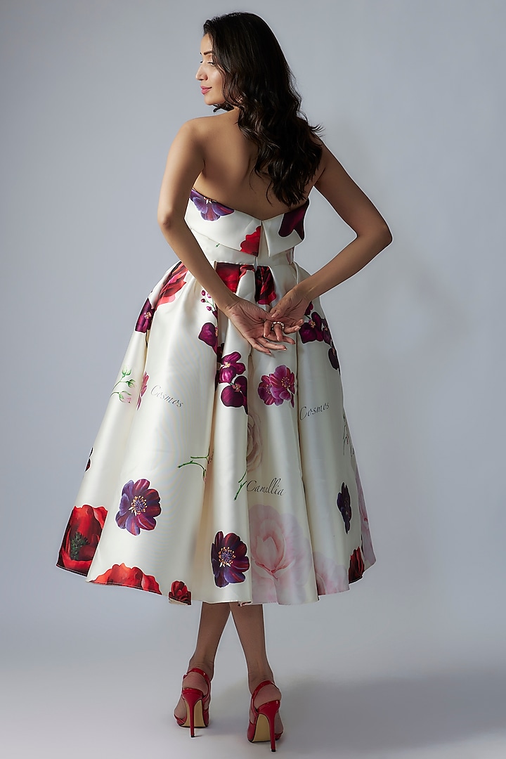 White Mikado Digital Printed Strapless Midi Party Wear Dress by Gauri and Nainika at Pernia's Pop Up Shop