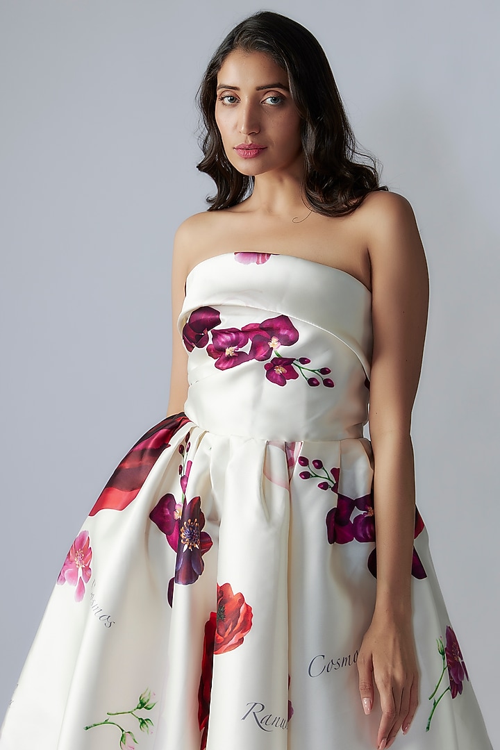 White Mikado Digital Printed Strapless Midi Party Wear Dress by Gauri and Nainika at Pernia's Pop Up Shop