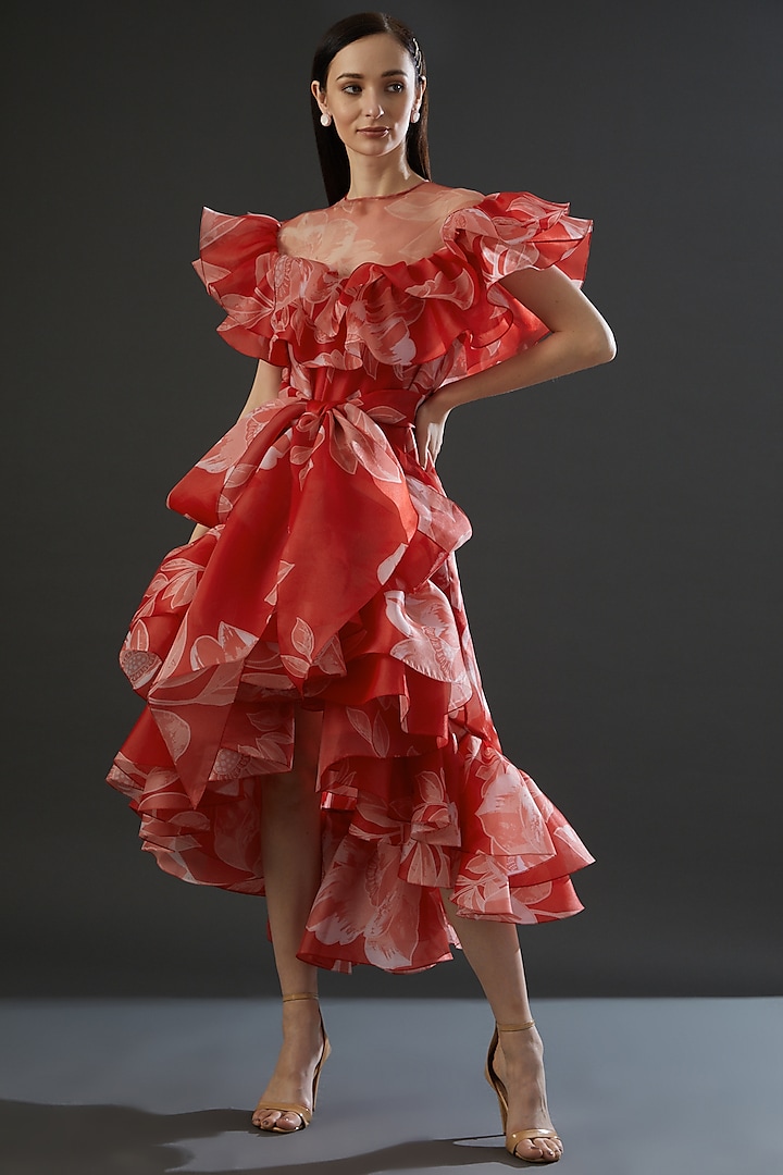 Red Organza High-Low Frilled Dress by Gauri and Nainika