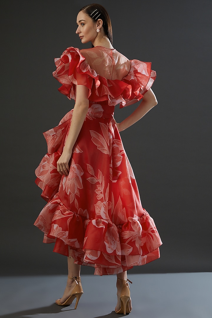 Red Organza High-Low Frilled Party Wear Dress by Gauri and Nainika at Pernia's Pop Up Shop