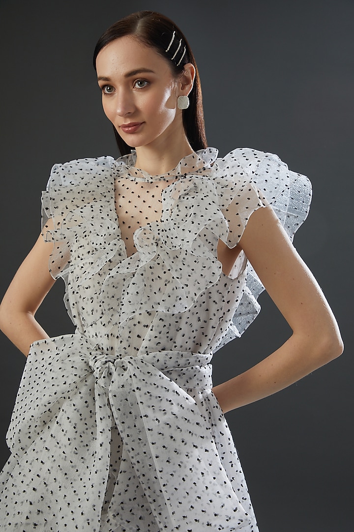 White Organza High-Low Frilled Party Wear Dress by Gauri and Nainika at Pernia's Pop Up Shop