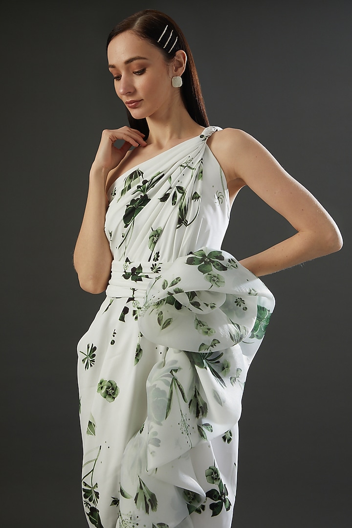 White Organza One-Shoulder Ruffled Party Wear Dress by Gauri and Nainika at Pernia's Pop Up Shop