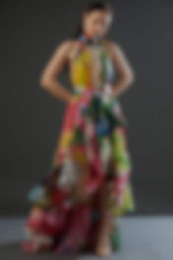 Multi-Colored Organza High-Low Belted Dress by Gauri and Nainika