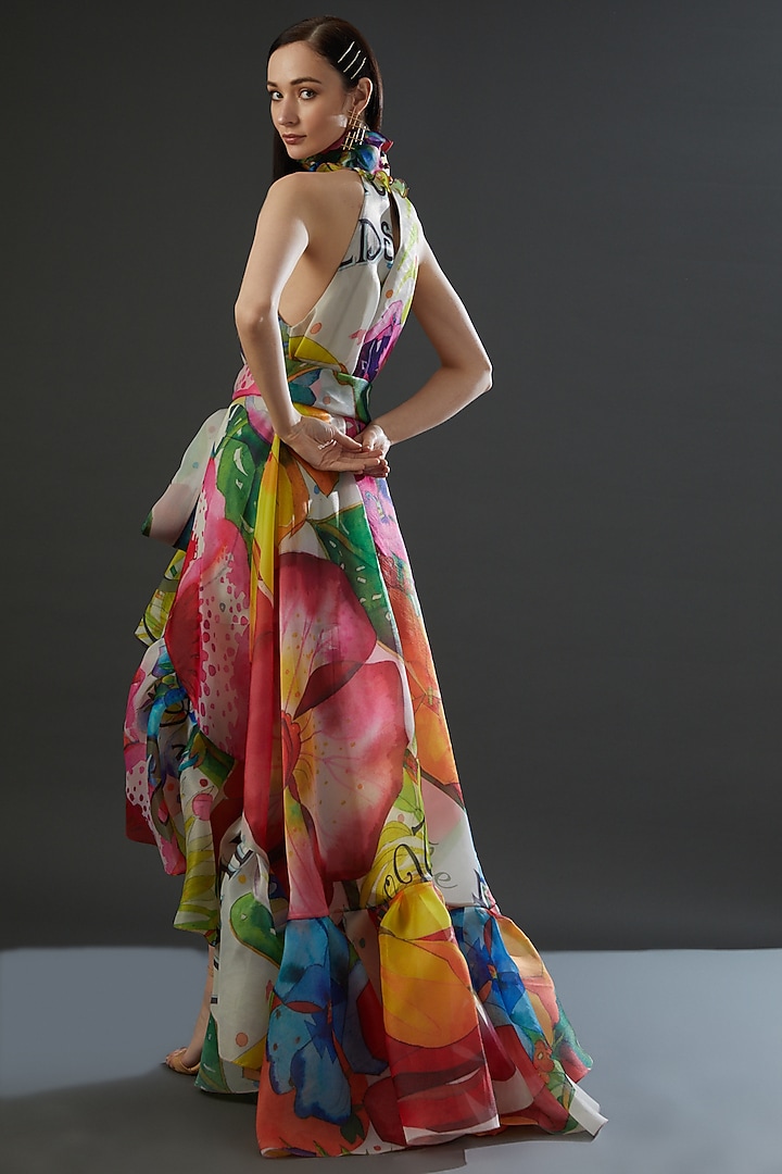 Multi-Colored Organza High-Low Belted Party Wear Dress by Gauri and Nainika at Pernia's Pop Up Shop