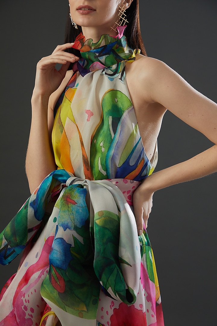 Multi-Colored Organza High-Low Belted Party Wear Dress by Gauri and Nainika at Pernia's Pop Up Shop
