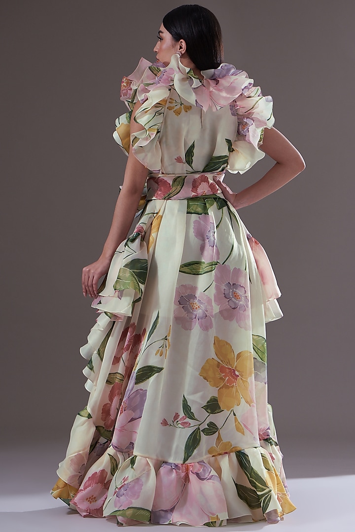 Blush Pink Printed Organza High-Low Party Wear Dress by Gauri and Nainika at Pernia's Pop Up Shop