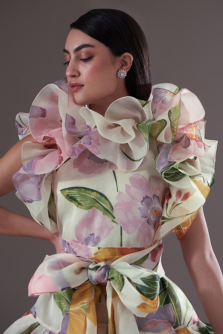Blush Pink Printed Organza High-Low Party Wear Dress by Gauri and Nainika at Pernia's Pop Up Shop