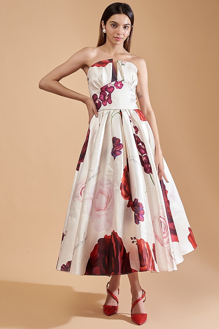 Ivory Mikado Digital Printed Dress by Gauri And Nainika