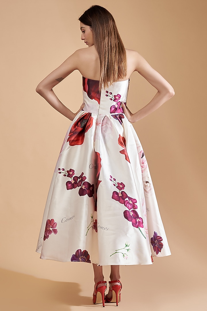 Ivory Mikado Digital Printed Party Wear Dress by Gauri And Nainika at Pernia's Pop Up Shop