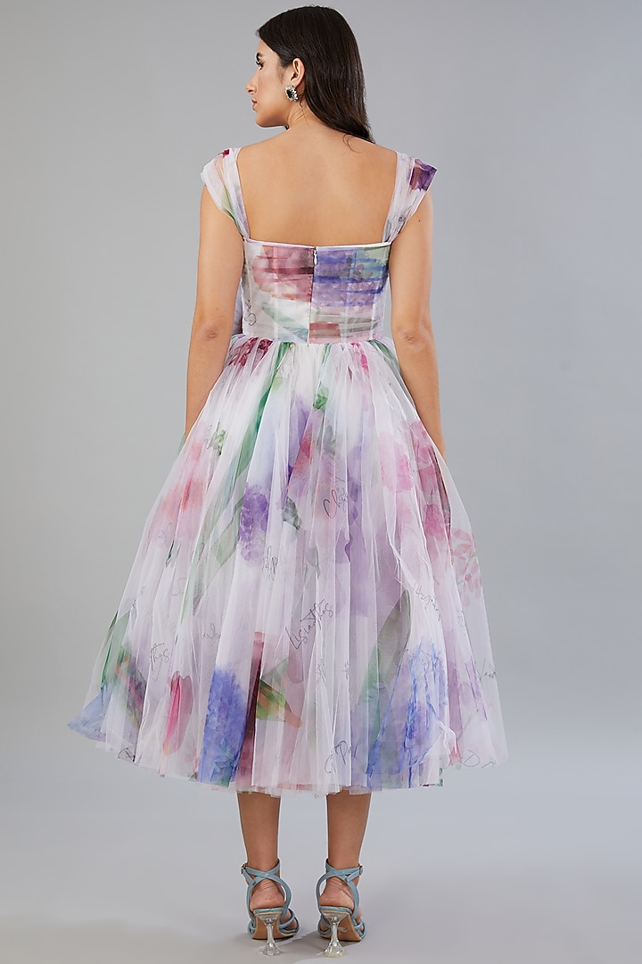 White Net Printed Midi Party Wear Dress by Gauri And Nainika at Pernia's Pop Up Shop