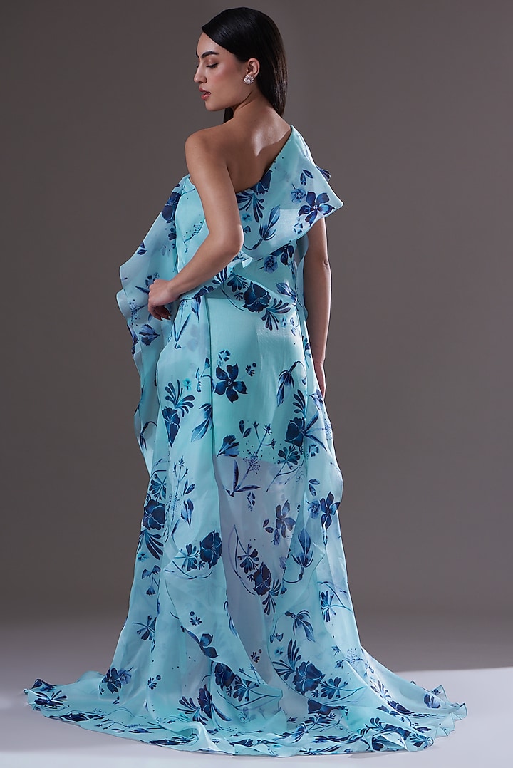 Blue Printed Organza High-Low Party Wear Dress by Gauri and Nainika at Pernia's Pop Up Shop