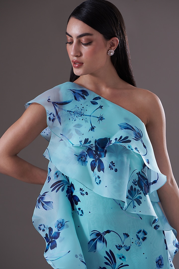 Blue Printed Organza High-Low Party Wear Dress by Gauri and Nainika at Pernia's Pop Up Shop