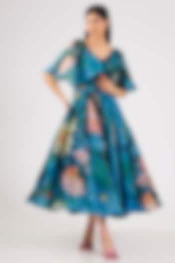 Blue Organza Printed Party Wear Dress by Gauri And Nainika at Pernia's Pop Up Shop