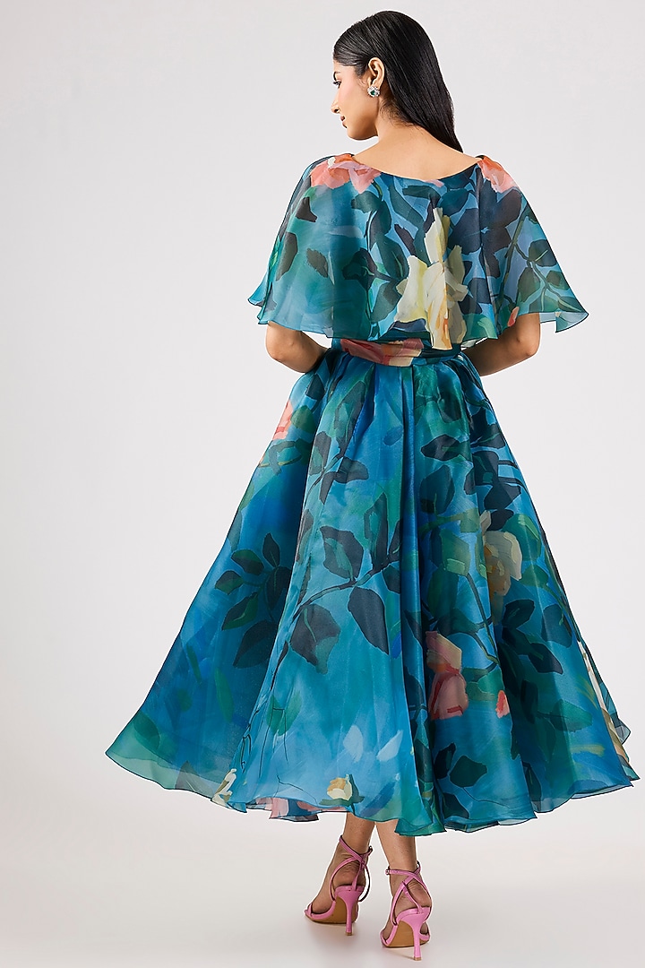 Blue Organza Printed Party Wear Dress by Gauri And Nainika at Pernia's Pop Up Shop