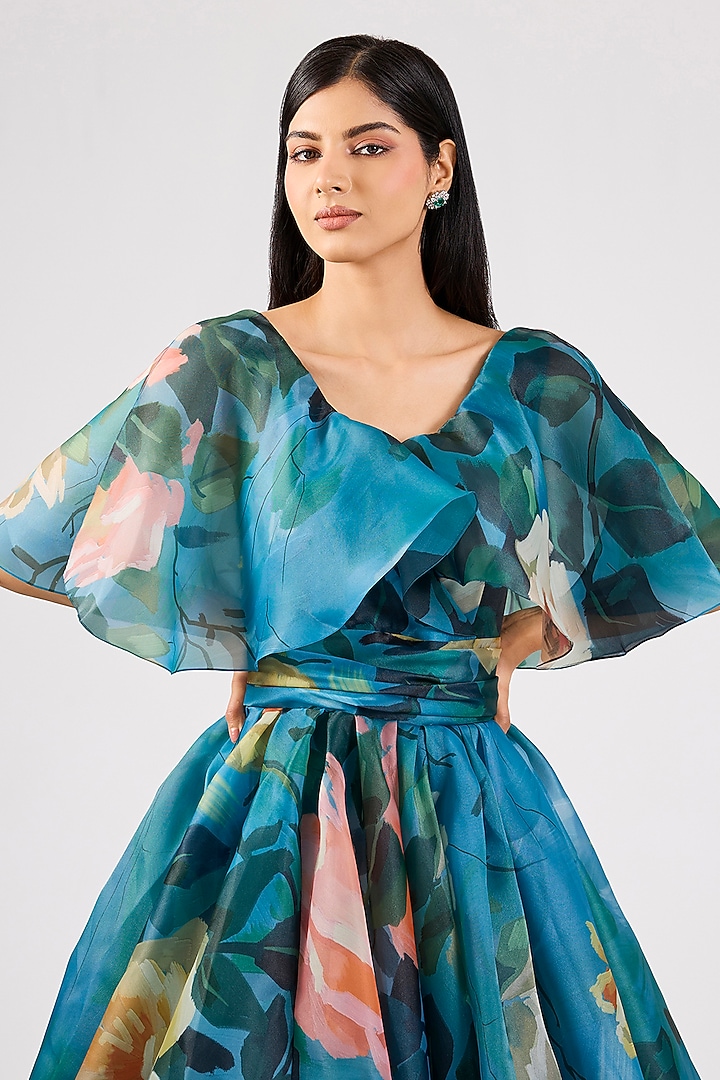 Blue Organza Printed Party Wear Dress by Gauri And Nainika at Pernia's Pop Up Shop