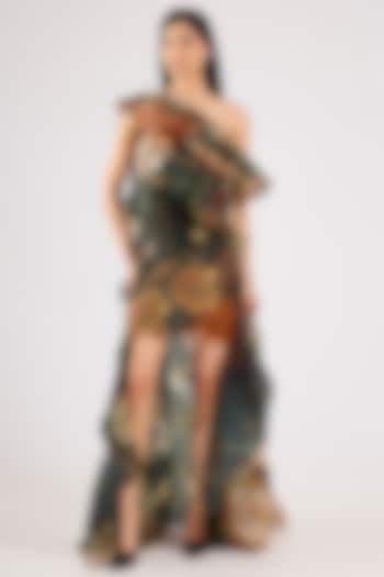 Black Organza Printed One-Shoulder Shift Party Wear Dress by Gauri And Nainika at Pernia's Pop Up Shop