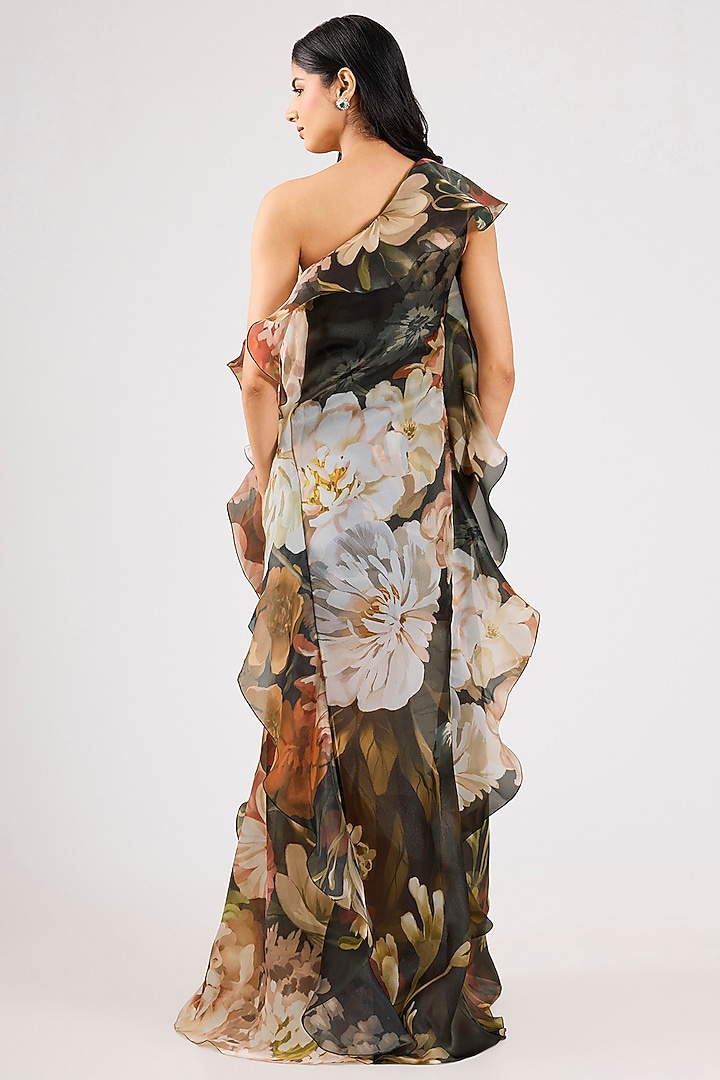 Black Organza Printed One-Shoulder Shift Party Wear Dress by Gauri And Nainika at Pernia's Pop Up Shop