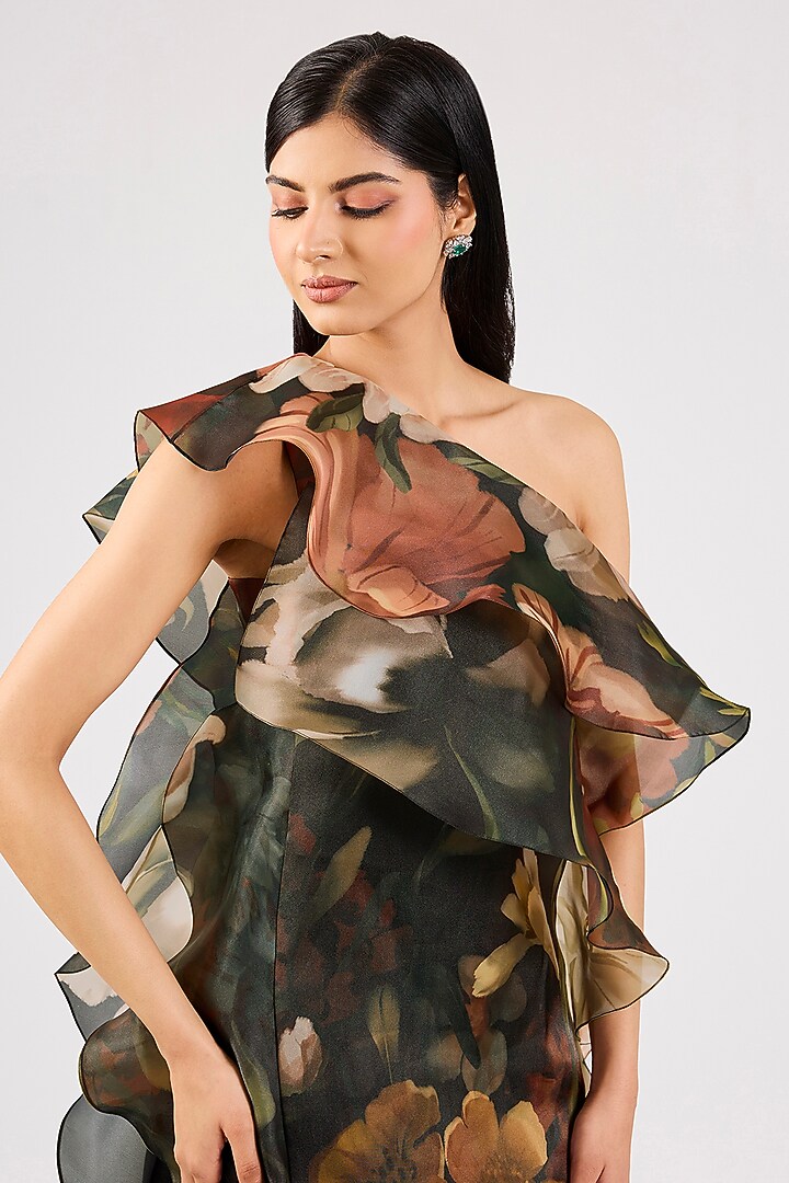 Black Organza Printed One-Shoulder Shift Party Wear Dress by Gauri And Nainika at Pernia's Pop Up Shop