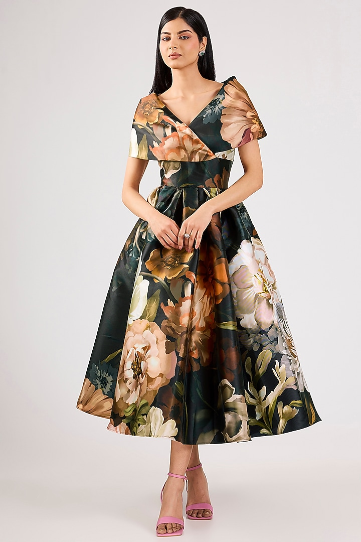 Black Mikado Printed Party Wear Dress by Gauri And Nainika at Pernia's Pop Up Shop