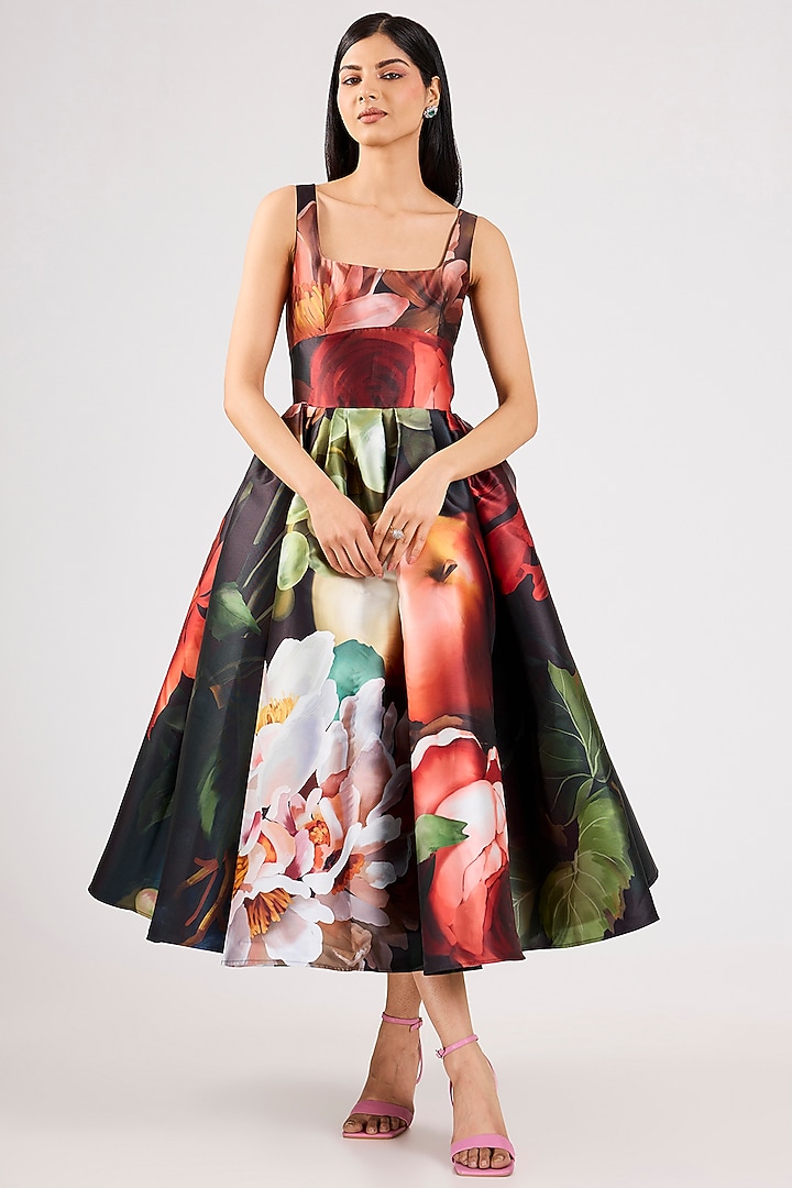 Black Mikado Printed Party Wear Dress by Gauri And Nainika at Pernia's Pop Up Shop