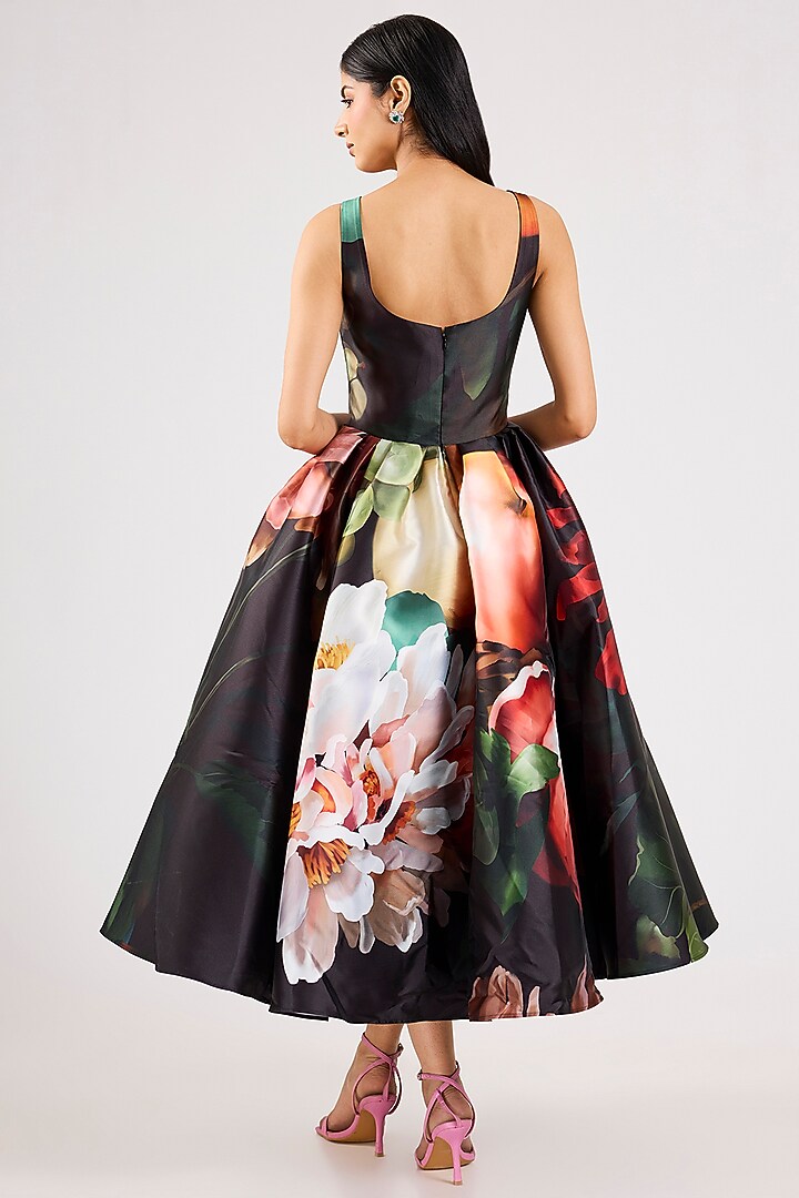 Black Mikado Printed Party Wear Dress by Gauri And Nainika at Pernia's Pop Up Shop