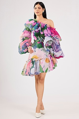 Multi-Colored Organza Printed One-Shoulder Dress by Gauri And Nainika