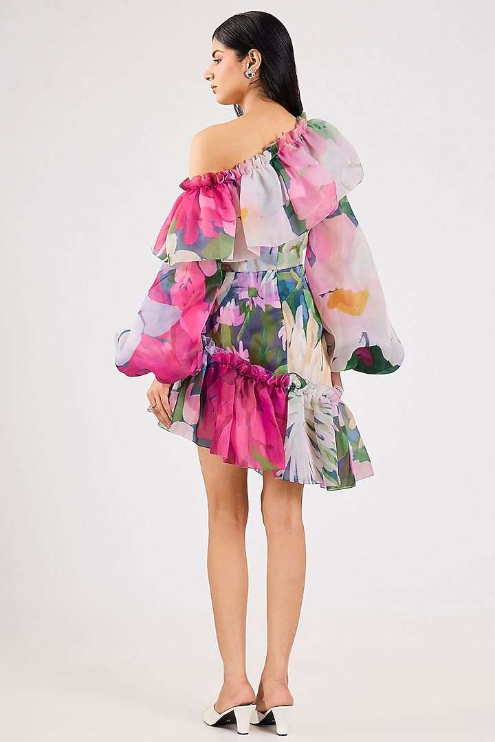 Multi-Colored Organza Printed One-Shoulder Party Wear Dress by Gauri And Nainika at Pernia's Pop Up Shop