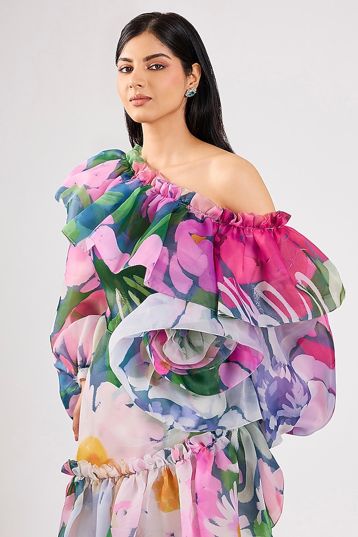 Multi-Colored Organza Printed One-Shoulder Party Wear Dress by Gauri And Nainika at Pernia's Pop Up Shop