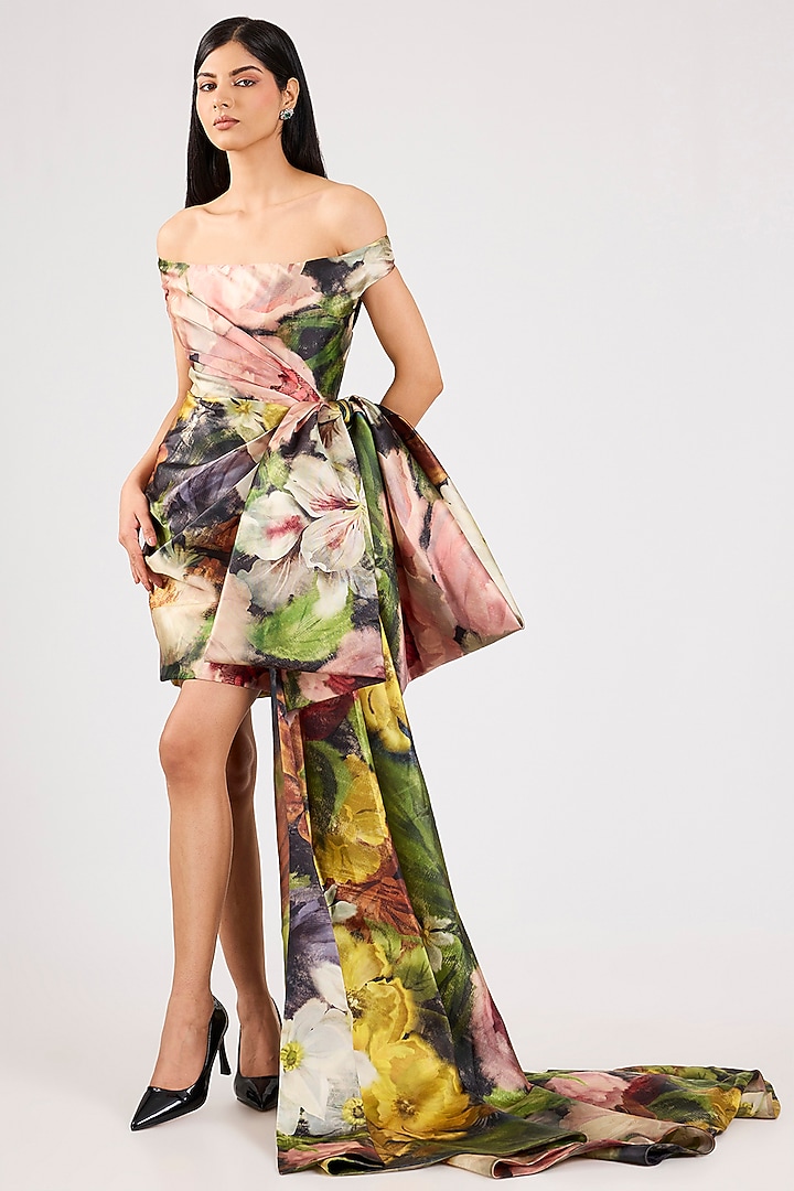 Multi-Colored Mikado Printed Off-Shoulder Party Wear Dress by Gauri And Nainika at Pernia's Pop Up Shop