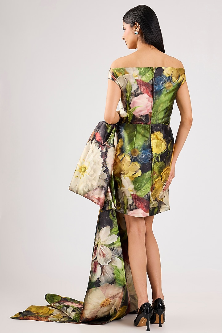 Multi-Colored Mikado Printed Off-Shoulder Party Wear Dress by Gauri And Nainika at Pernia's Pop Up Shop
