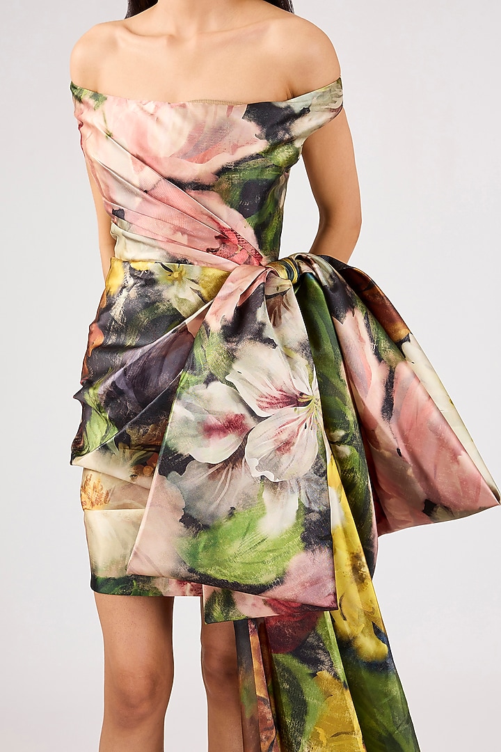 Multi-Colored Mikado Printed Off-Shoulder Party Wear Dress by Gauri And Nainika at Pernia's Pop Up Shop