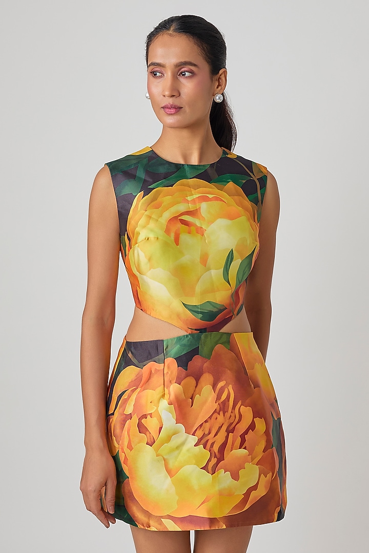 Black Mikado Floral Printed Cut-Out Mini Cocktail Dress by Gauri and Nainika at Pernia's Pop Up Shop