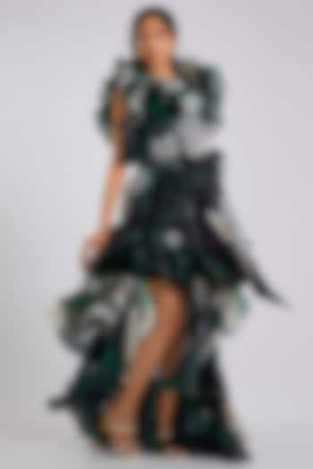 Black Organza Printed High-Low Party Wear Dress by Gauri And Nainika at Pernia's Pop Up Shop