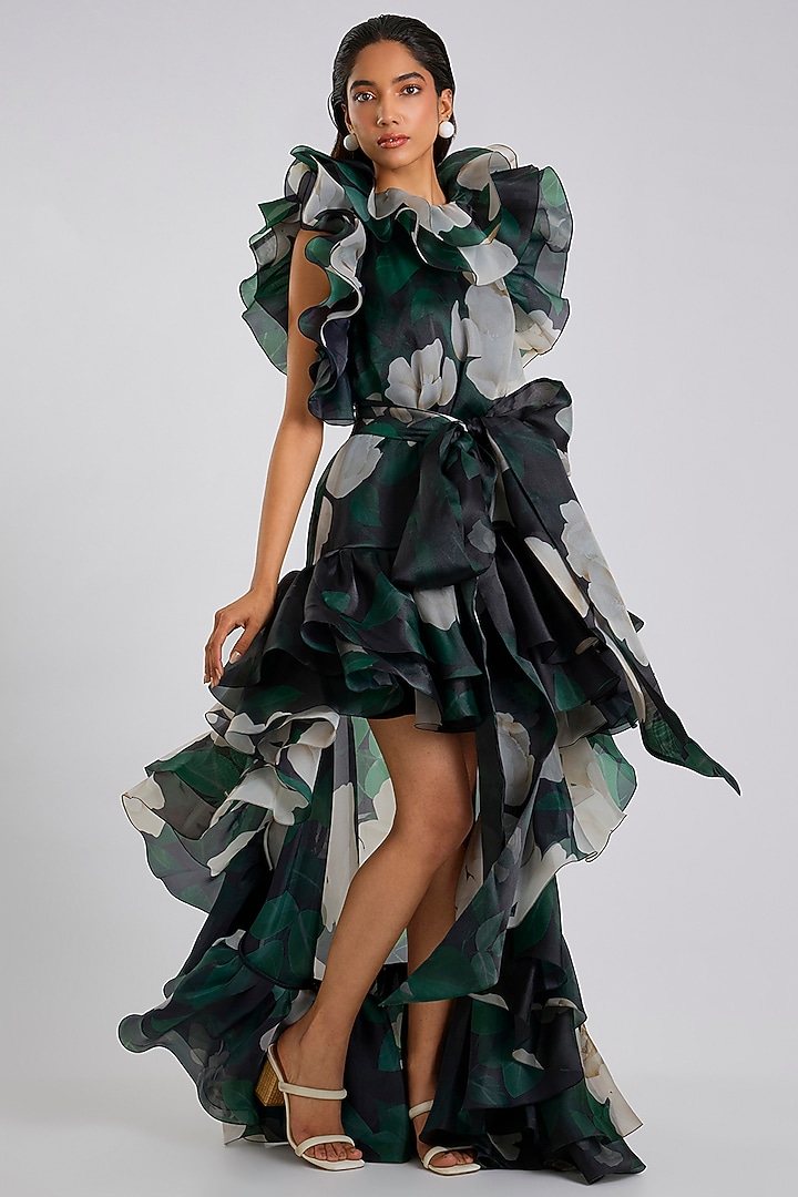 Black Organza Printed High-Low Party Wear Dress by Gauri And Nainika at Pernia's Pop Up Shop