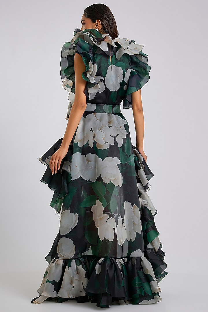 Black Organza Printed High-Low Party Wear Dress by Gauri And Nainika at Pernia's Pop Up Shop