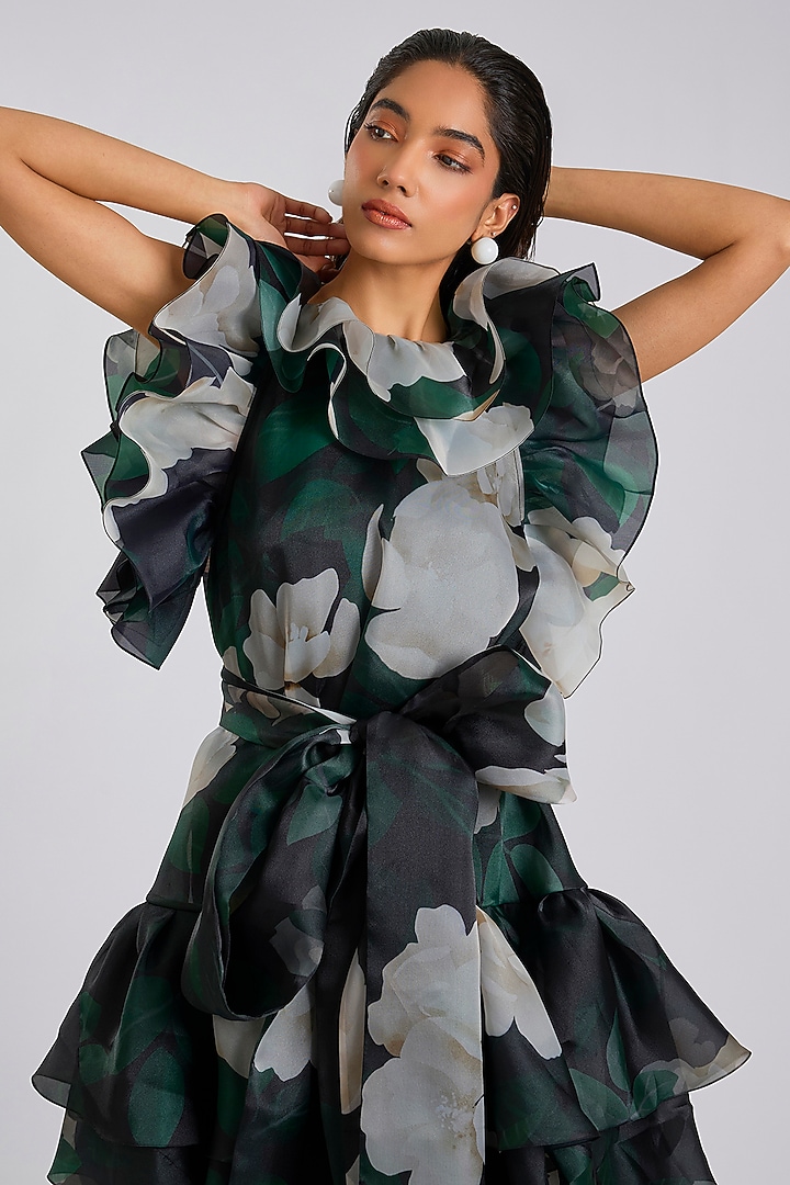 Black Organza Printed High-Low Party Wear Dress by Gauri And Nainika at Pernia's Pop Up Shop
