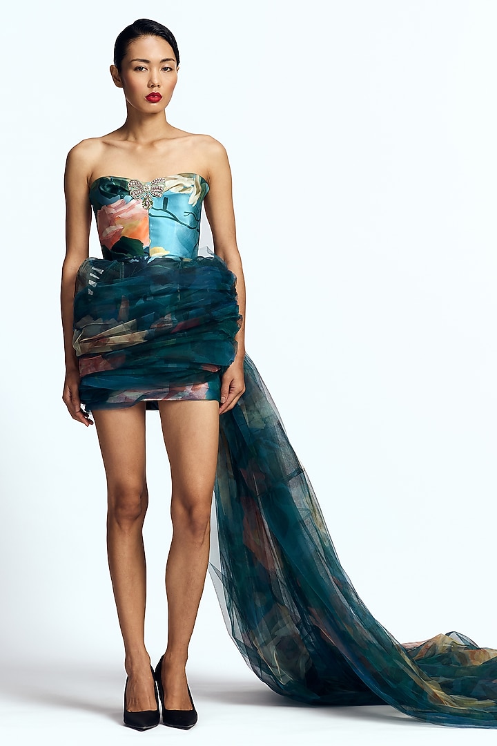 Blue Mikado & Tulle Draped Mini Party Wear Dress by Gauri And Nainika at Pernia's Pop Up Shop