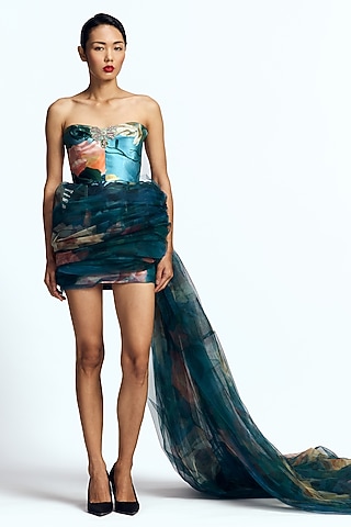 Blue Mikado & Tulle Draped Mini Dress by Gauri And Nainika